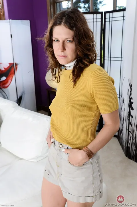 Rose Vermillion: Brunette Strips Nude to Show Her Small Tits and Hairy Bush – photo 2 of 21