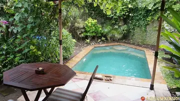 Thick Asian Woman Rubs Her Clit and Gives a Blowjob in the Pool to Cumshot