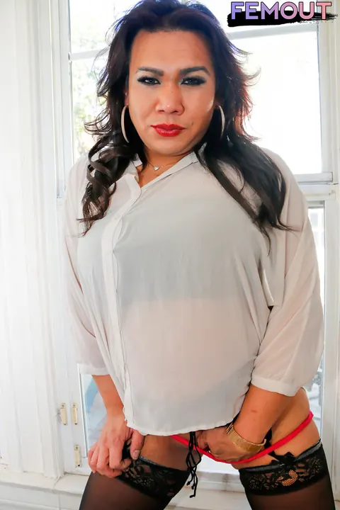 Thick Trans Woman Strokes Her Cock and Fingers Her Ass – photo 2 of 16