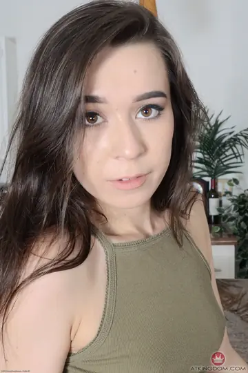 Skinny Brunette Pulls Panties Aside and Spreads