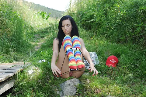 Jeanna Fine: Busty Tattooed Brunette Uses a Dildo Outdoors in Socks – photo 8 of 16