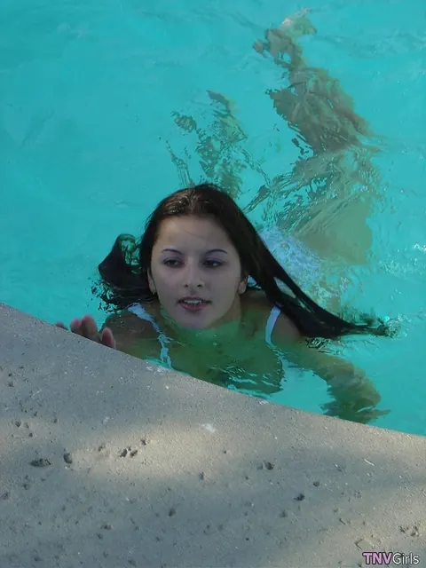 Pale Petite Brunette Licks and Fingers Her Lesbian Lover by the Pool – photo 9 of 21
