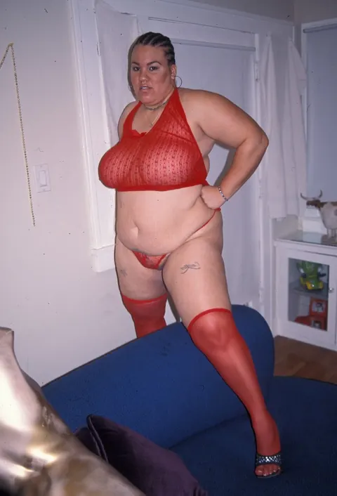 BBW in Red Stockings Rides BBC and Takes Cum on Panties – photo 21 of 21