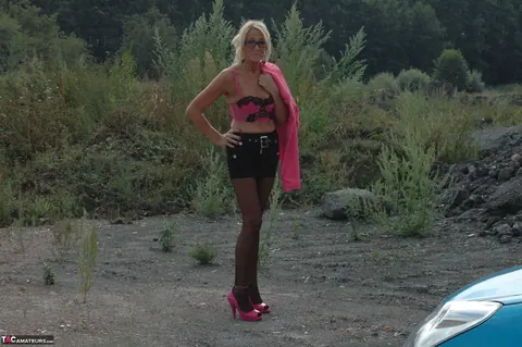 Blonde European MILF in Crotchless Pantyhose Flashes Outdoors – photo 11 of 20