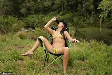 Brunette MILF in a Bikini Masturbates and Sucks Cock Outdoors – photo 13 of 16
