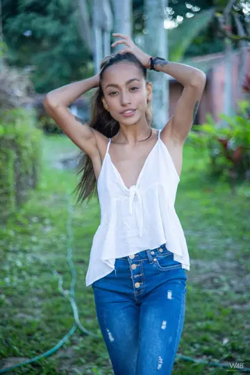Camila Luna – Slim Latina Brunette Strips Out of Her Jeans and Spreads on the Bench