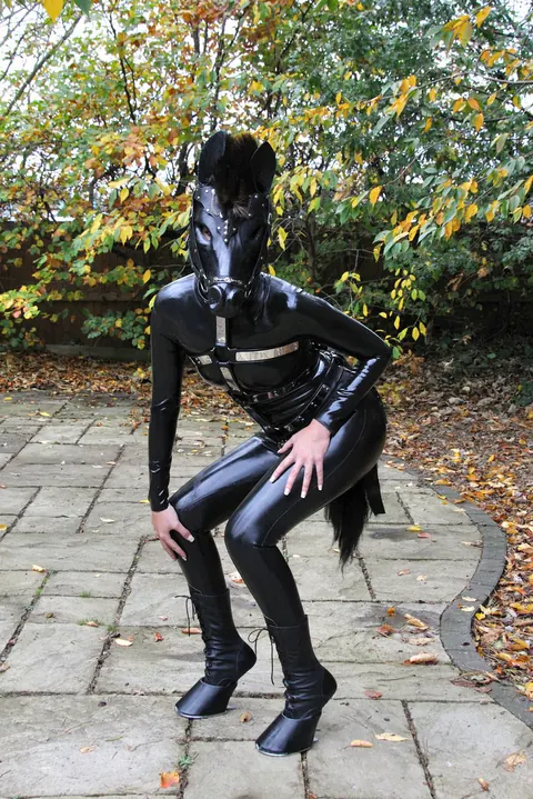 Woman in Latex Poses Outdoors in Bondage on a Horse – photo 2 of 15