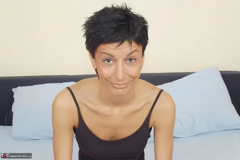 Susy Rocks: Tall Slim Brunette Shows Her Small Tits in Shorts and Panties – photo 1 of 20