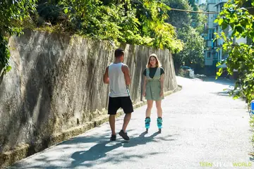 Short-Haired Brunette Sucks Cock and Takes Anal Outdoors