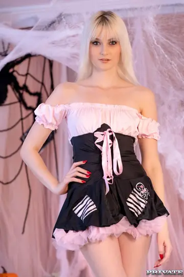 Blonde in Costume Strips, Rides Cowgirl and Takes a Facial in Heels
