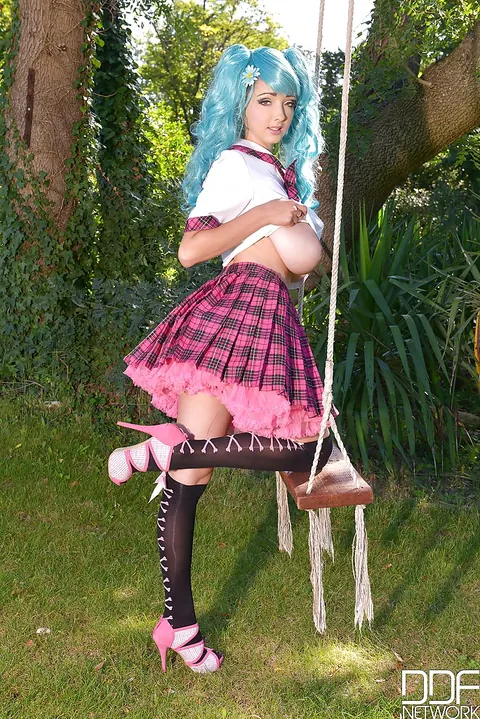 Lucie Wilde: Thick Blonde Flashes Her Big Tits in a Skirt and Costume Outdoors – photo 4 of 16