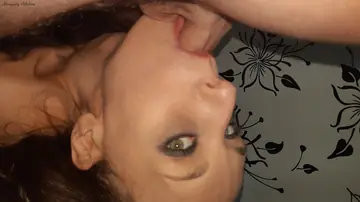 Skinny Brunette Gives a Blowjob and Takes a Cumshot in Mouth