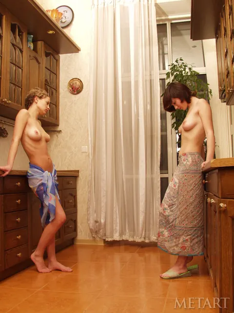 Slim Brunettes with Big Tits Pose Nude in the Kitchen – photo 7 of 21