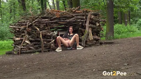 Isabel Dark: Brunette Spreads Her Shaved Pussy and Pees in the Forest – photo 2 of 15