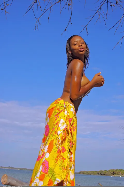 Ebony Babe with Big Tits Oils Up and Spreads Outdoors – photo 5 of 20