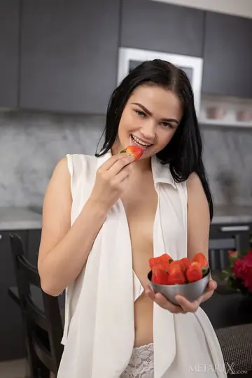 Brunette in Panties Gets on the Kitchen Table and Spreads Her Pussy