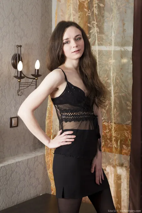 Llenushka: Slim Brunette in Lingerie and Thong Spreads Her Hairy Pussy – photo 1 of 16