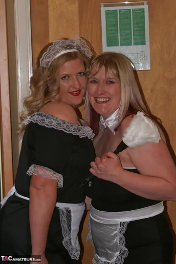 Curvy MILF in Maid Lingerie Gives a Handjob in a Hotel Threesome