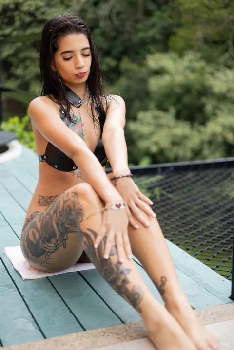 Tattooed Latina Uses a Dildo on Her Shaved Pussy Outside – photo 10 of 21