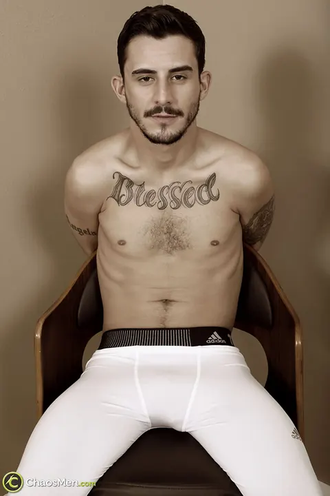 Bound Blindfolded Brunette Guy Gets a Blowjob and Gay Cumshot – photo 1 of 20