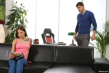 Tattooed Brunette in Jeans Fucks in the Office Bathroom