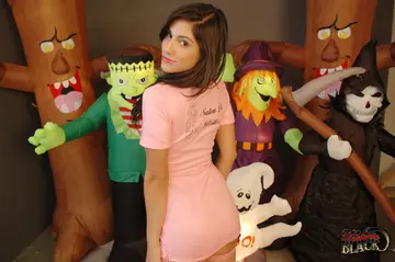 Brunette PAWG Strips to Stockings and Spreads for Halloween