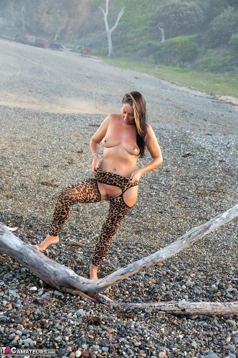 Thick MILF in Lingerie Spreads on Driftwood at the Beach – photo 3 of 16