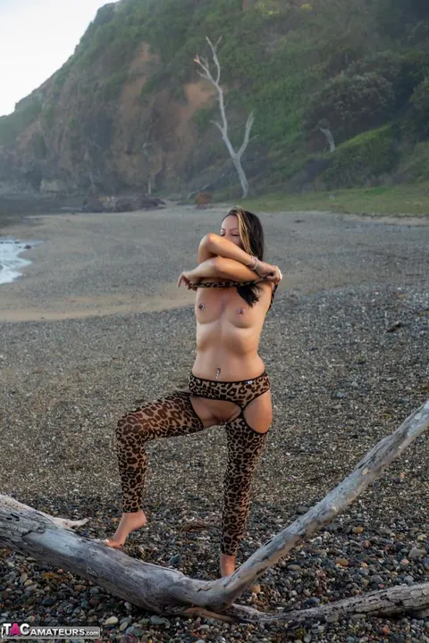 Thick MILF in Lingerie Spreads on Driftwood at the Beach – photo 4 of 16