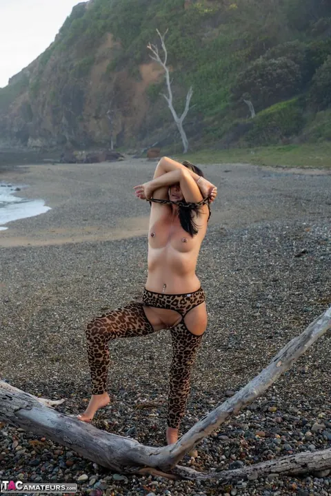 Thick MILF in Lingerie Spreads on Driftwood at the Beach – photo 5 of 16