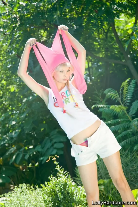 Lolly Hardcore: Petite Blonde in Pigtails Spreads Her Pussy by the Pool – photo 6 of 21