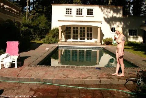 Dylan Ryan: Short-Haired Blonde MILF Takes a Fucking Machine Poolside in Bondage – photo 19 of 21