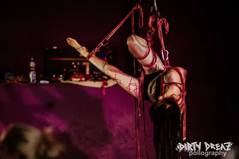 Tattooed Brunette Suspended in Rope Bondage Wearing Panties – photo 7 of 16