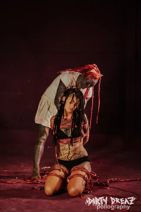 Tattooed Brunette Suspended in Rope Bondage Wearing Panties – photo 16 of 16