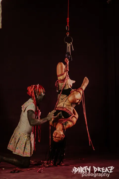 Tattooed Brunette Suspended in Rope Bondage Wearing Panties – photo 12 of 16