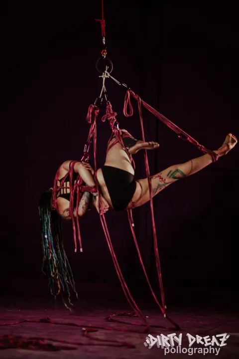 Tattooed Brunette Suspended in Rope Bondage Wearing Panties – photo 6 of 16