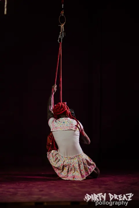 Tattooed Brunette Suspended in Rope Bondage Wearing Panties – photo 2 of 16