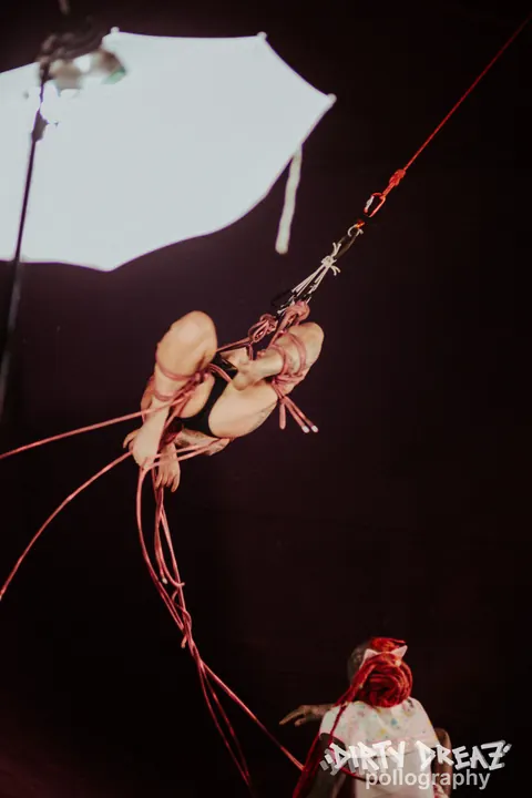Tattooed Brunette Suspended in Rope Bondage Wearing Panties – photo 11 of 16
