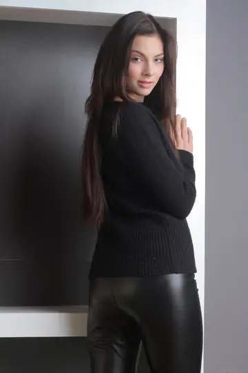 Slim Brunette Poses in Leather Yoga Pants and Boots