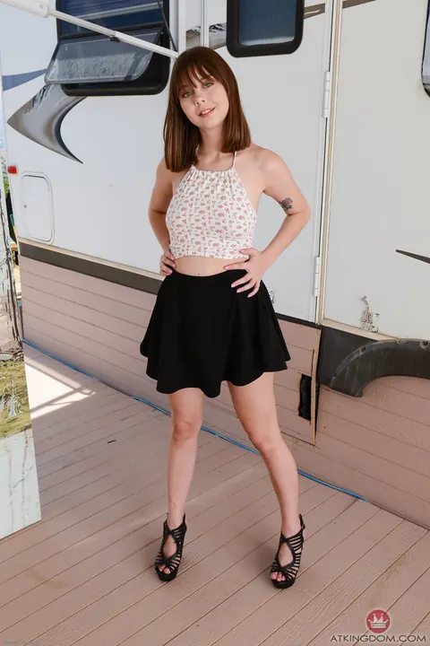 Shae Celestine: Brunette in a Skirt Pulls Her Panties Aside and Spreads Her Pussy – photo 5 of 21