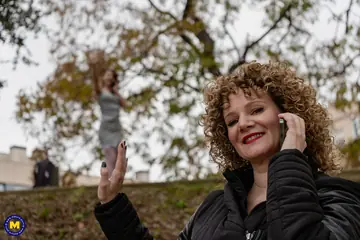 Melany Furie – Curly Redhead Takes a Strap-On Outdoors in Heels