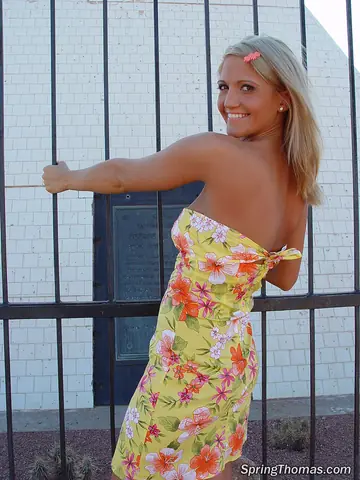 Tall Blonde in a Skirt Flashes and Spreads Outdoors