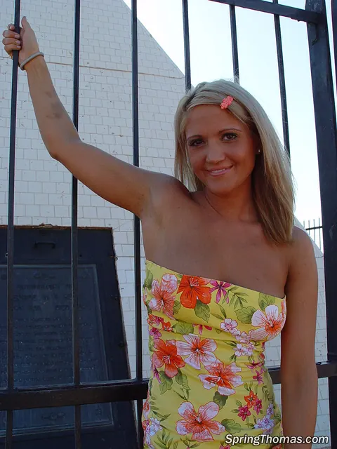 Spring Thomas: Tall Blonde in a Skirt Flashes and Spreads Outdoors – photo 2 of 20