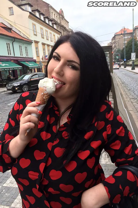 Maya Milano: Chubby Brunette MILF Teases in Jeans with Ice Cream – photo 3 of 16