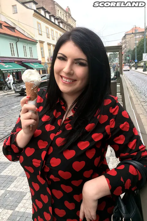 Maya Milano: Chubby Brunette MILF Teases in Jeans with Ice Cream – photo 2 of 16