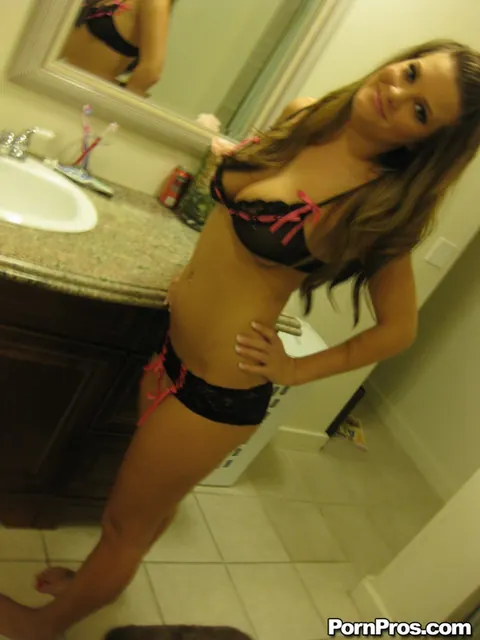 Megan Fenox: Brunette Gets Fucked and Sucks Cock by the Bathroom Mirror – photo 1 of 18