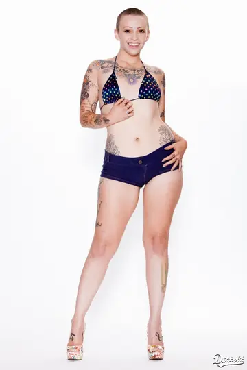 Brunette with Small Natural Tits and Tattoos Poses Nude for the Camera