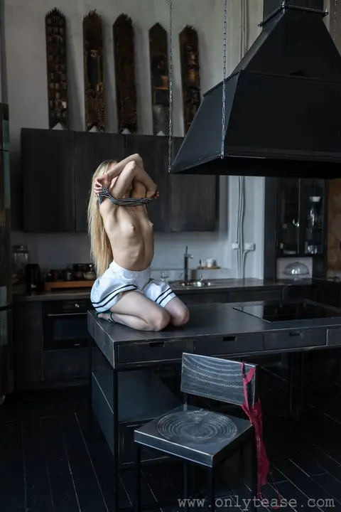 Alecia Fox: Slim Russian Blonde in Pantyhose and Heels Spreads in the Kitchen – photo 12 of 21
