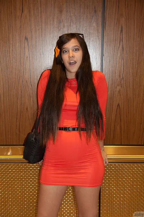 Caroline Ray: Latina Brunette in a Red Dress and Glasses Seduces Her Man – photo 11 of 11
