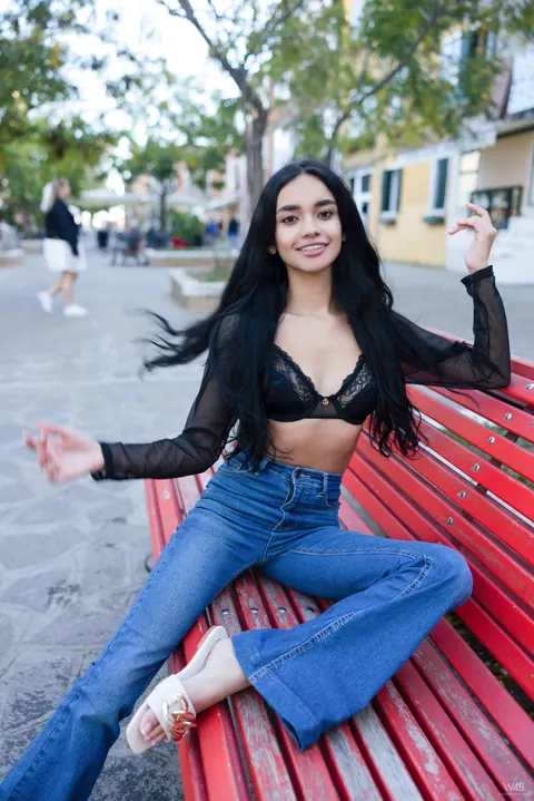 Dulce Rivera: Petite Latina Teases in a Lace Bra and Jeans Outdoors – photo 2 of 20