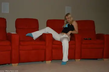 Thick Blonde in a Thong, Stockings and Socks Strips to Show Her Big Ass